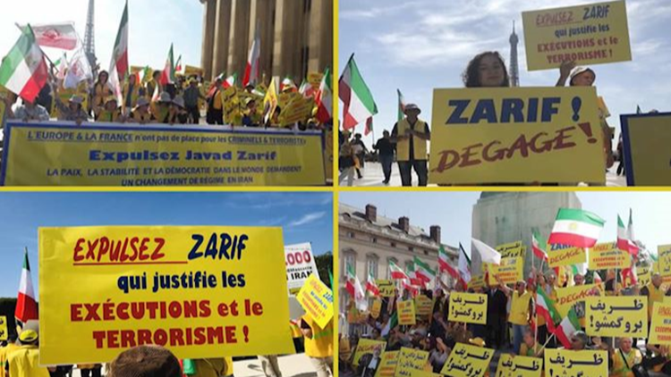 تظاهرة احتجاجية، إيرانيون يطالبون بطرد جواد ظريف من باريس