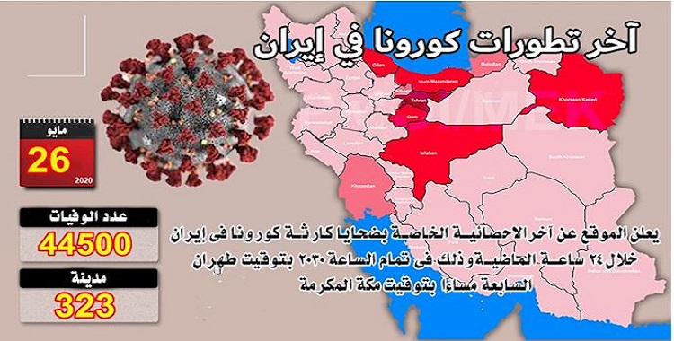 في إيران عدد ضحايا كورونا في 323 مدينة يتجاوز 44500 شخص