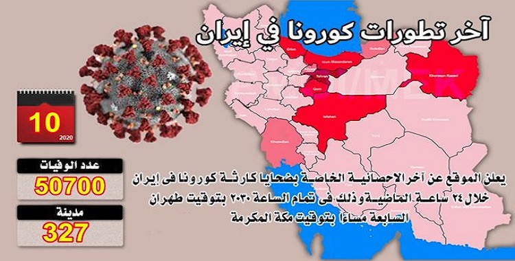 حصيلة ضحايا كورونا في 329 مدينة تتجاوز 50700 شخص في إيران
