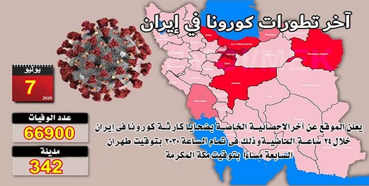 حصيلة الوفيات جراء كورونا في 342 مدينة في إيران يتخطى 66900 شخص